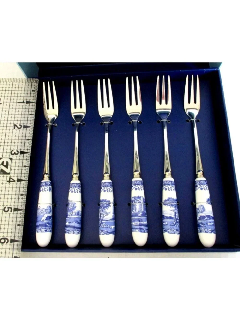 Spode Blue Italian Pastry Pastry Forks Set Of 6 With Decorative Porcelain Handle